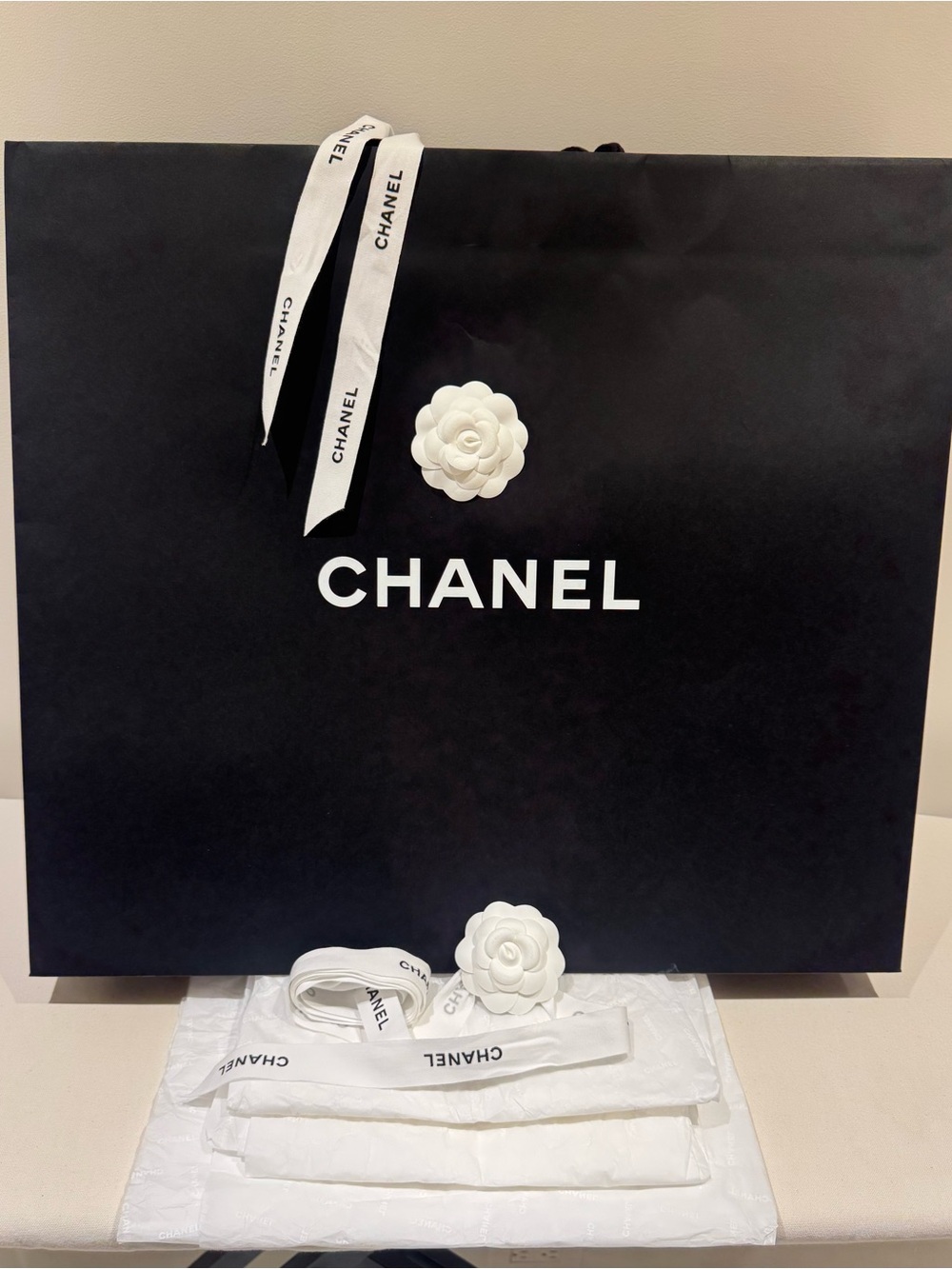 CHANEL Large Gift Bag with Signature Camellia & Ribbon + Tissue Paper